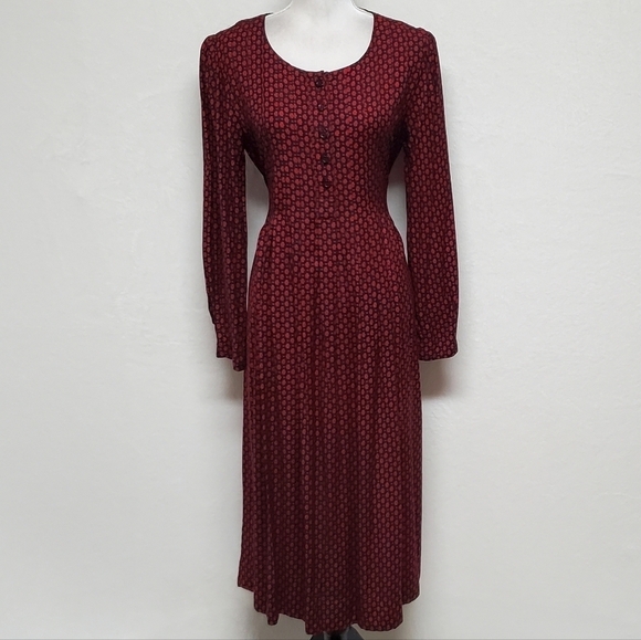 VINTAGE 80s Sarah Elizabeth Red Floral Print Pleated Princess Cut Midi Dress 6 - Picture 4 of 13